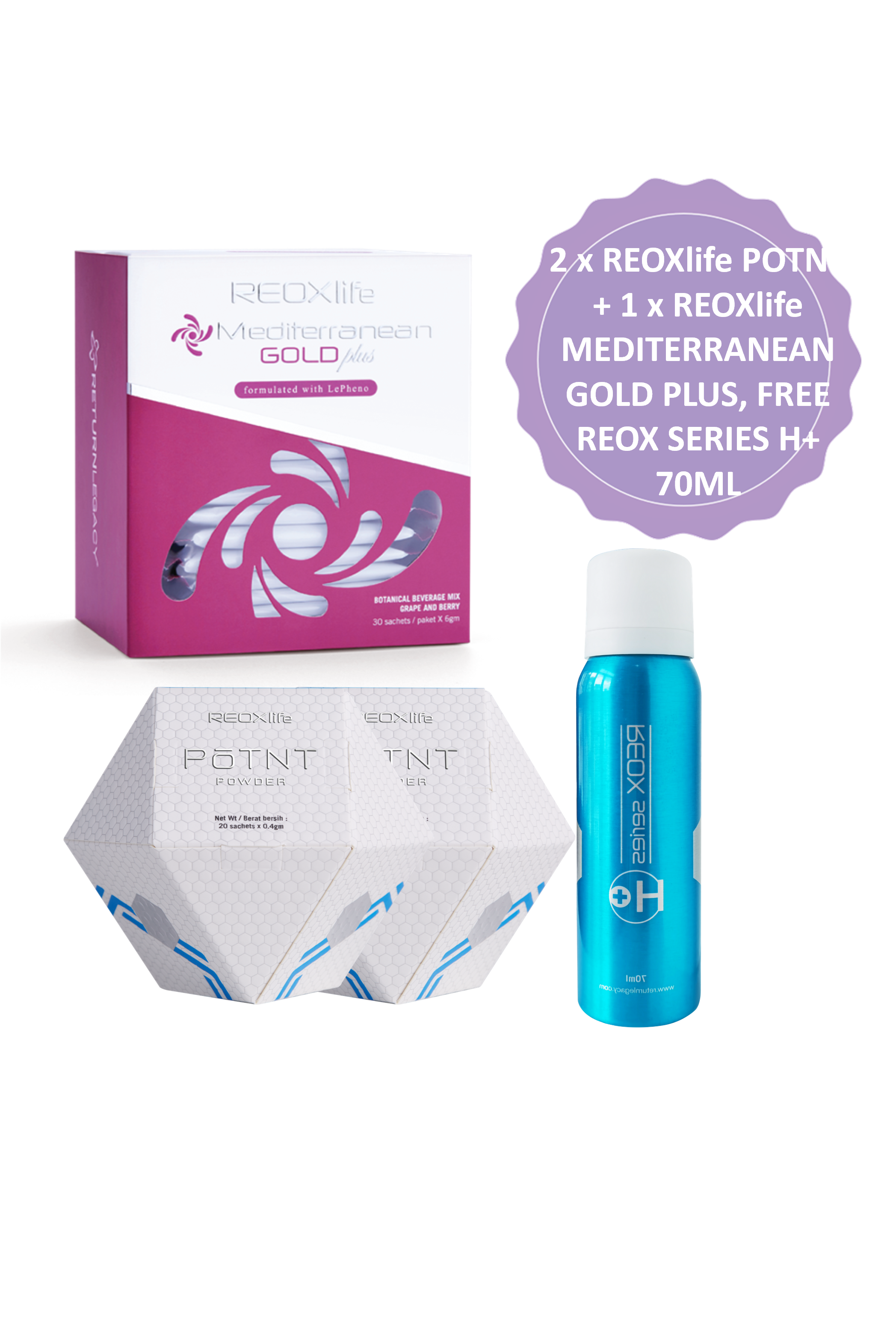 2 x REOXlife POTNT + 1 x REOXlife MEDITERRANEAN GOLD PLUS, FREE REOX SERIES H+ 70ML